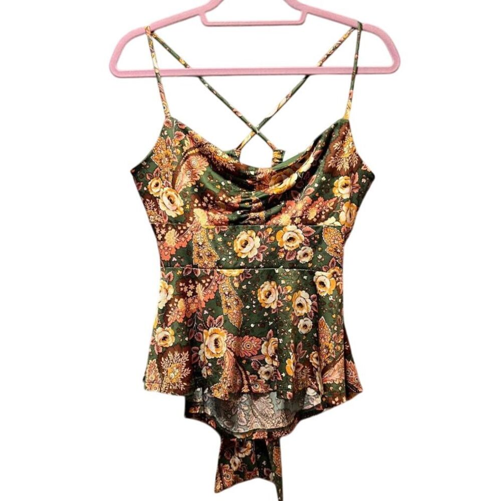 Lily White Floral Cami Top Criss Cross Back Tie Peplum Green Orange L